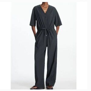 COS Navy Blue 100% Cotton Short Sleeve V-Neck Button Up Jumpsuit Size Large
